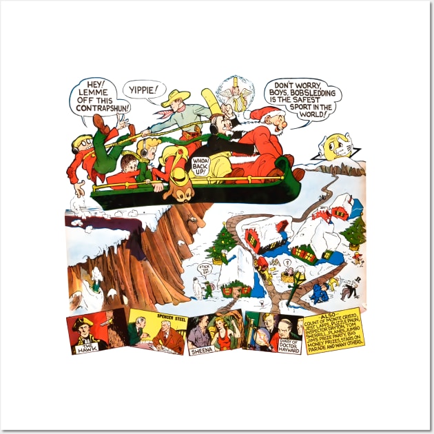 The sleigh flies through the snow with Santa Claus and all his friends while the town waits for Christmas gifts. Retro Vintage Comic Wall Art by REVISTANGO